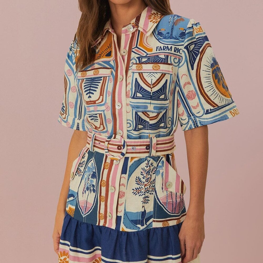 Farm Rio Cerrado Stamps Mini Shirtdress NWT